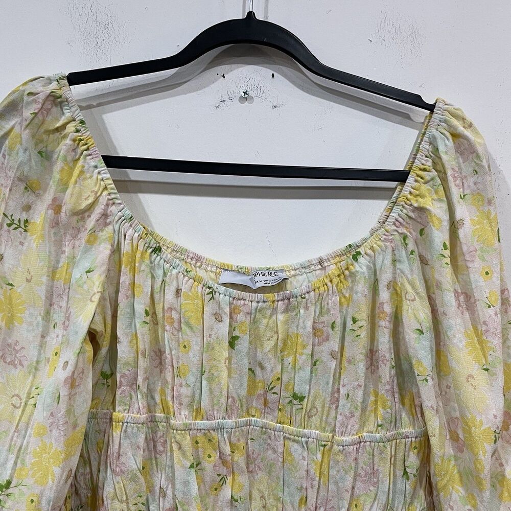 Sophie Rue Yellow Floral Cropped Puff Sleeve Peasant Top Size Medium Cottage - Picture 4 of 5